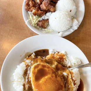 Top: Mochiko Chicken Bottom: BYO Loco Moco with White Rice