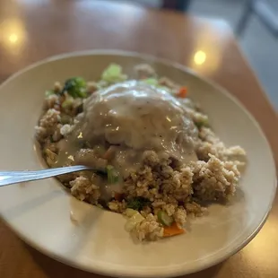 Loco Moco with veggie fried rice, veggie patty and country gravy