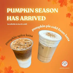 Pumpkin Spice Latte + Pumpkin Pie Cold Foam Latte from Kona Loa Coffee Crown Valley in Mission Viejo!