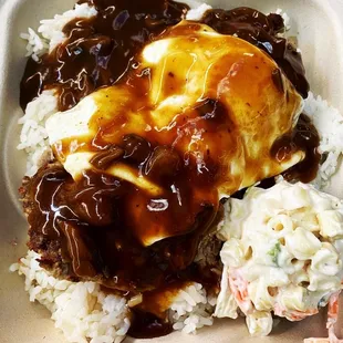 Loco moco (meatloaf patty with brown gravy, next time I&apos;ll try it with white gravy)