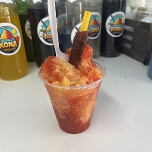 Our new Mangonada flavor!!! Come get a mangonada for $7  Tastes great if you love mango, pineapple, chamoy and tajin‍