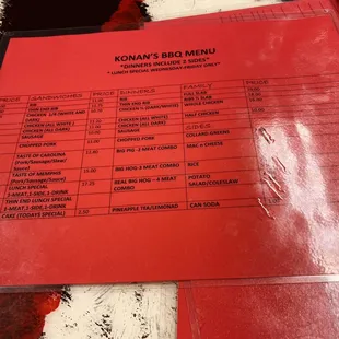 Menu at the ordering counter