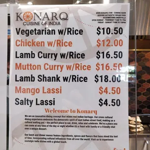 Menu, does not include combinations of items or any of the sides (naan, samosa)