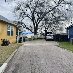 a blue house and a yellow house