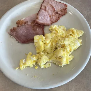 2 eggs, scrambled, and ham