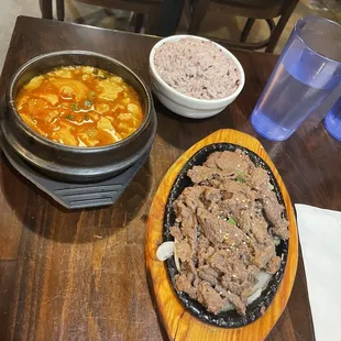 Bulgogi and beef soft tofu soup combo