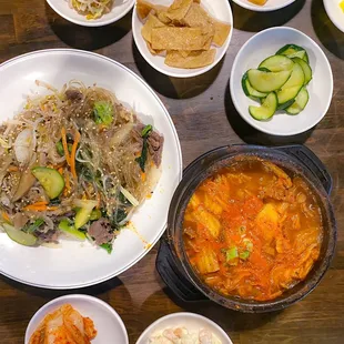 Kimchi beef stew &amp; chapchae