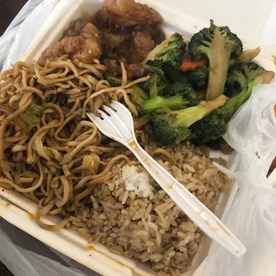 Orange chicken broccoli beef chow mein and rice