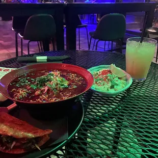 Birria ramen + birria taco (for dipping), street corn side and pineapple juice.
