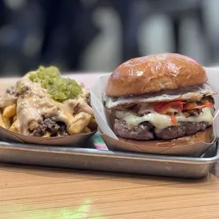 Konjoe burger and chopped cheese fries