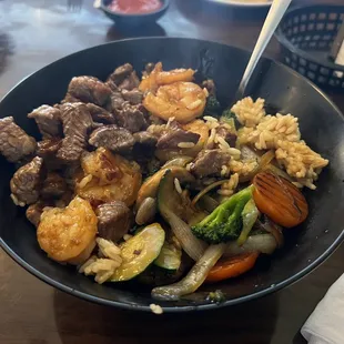 Jumbo Shrimp and NY strip bowl