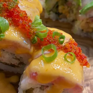 a close up of a piece of sushi