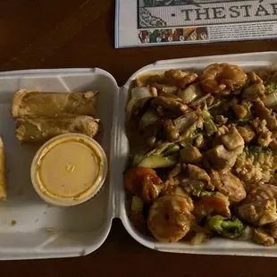 Jumbo shrimp and chicken bowl with spring rolls