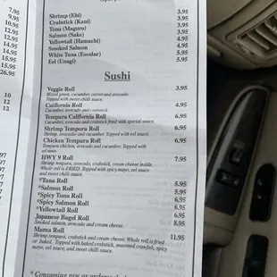 Sashimi menu