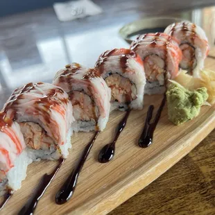 Marina Roll. Too pretty not to share. It&apos;s crawfish in the middle with crab on top. Amazing!