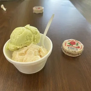 A scoop of Avocado and a scoop of Marsipan