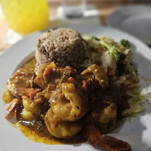 Curried Shrimp, beans and rice, cabbage