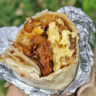 Chuns Bomber (Breakfast Burrito with Eggs, Potato, Jack &amp; Cheddar Cheese, 12 hour Slow Roasted Pulled Ka lua Pork and Bacon)