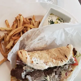 Gyro pita, extra tzatziki, house fries