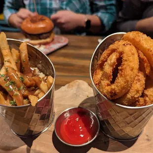 Poutine and onion rings