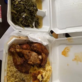 a meal in a styrofoam container
