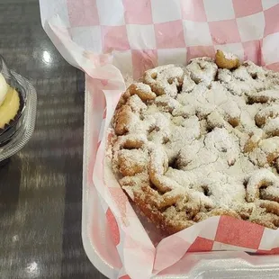 Funnel cake with butter almond cupcake