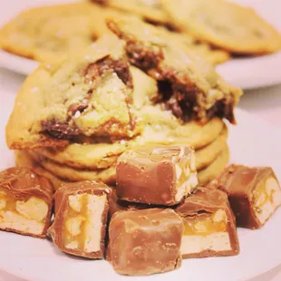 a stack of cookies and caramels