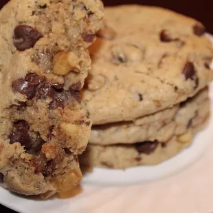 a stack of chocolate chip cookies