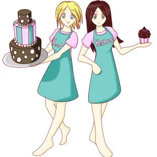 two girls holding a cake and a cupcake