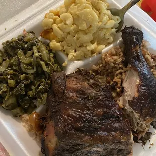 Jerk chicken, rice and peas, Callaloo, &amp; Mac and cheese