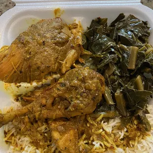 Curry chicken, white rice, and collard greens