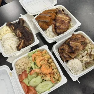 BBQ short rib plate, chicken and katsu combo, healthy garlic shrimp, chicken teriyaki plate