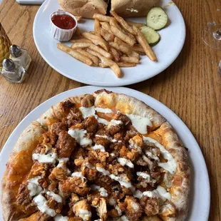 Buffalo chicken pizza and cheesteak