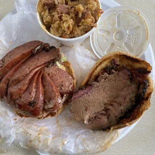 "Nice to Meat You" sandwich (sliced brisket, sausage and pulled pork) with a side of jambalaya. Good!