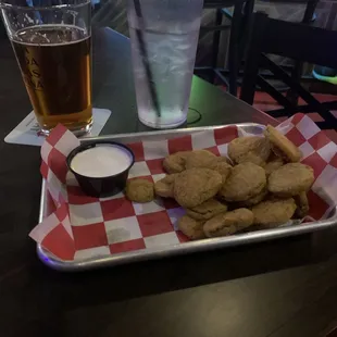 Very good fried pickles, canned Hopadillo poured into a glass, and water