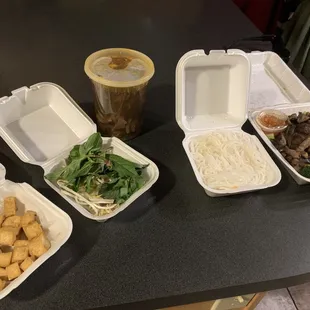 Fried tofu, beef noodle soup, and crying tiger beef.