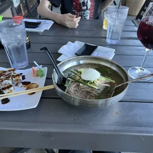 Naengmyeon, Deep Fried Sweet Potato Roll, plum wine