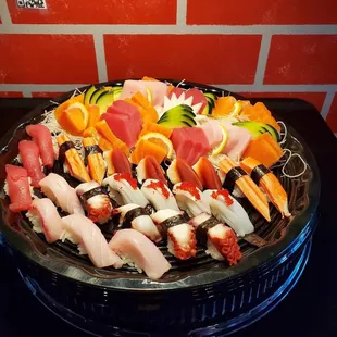 a platter of sushi on a table