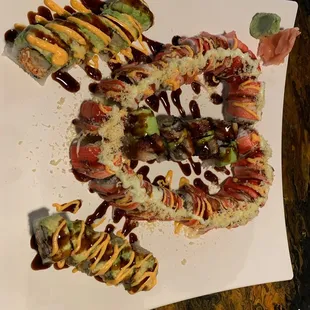 Couple of Red Double rolls, Dragon roll, Max Choi roll. Excellent presentation!
