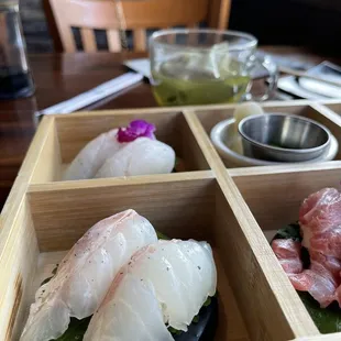 Custom made chef's special premium bento box (Toro, Golden Eye Snapper, Jack Mackerel, Red Snapper, Spanish Mackerel nigiri)