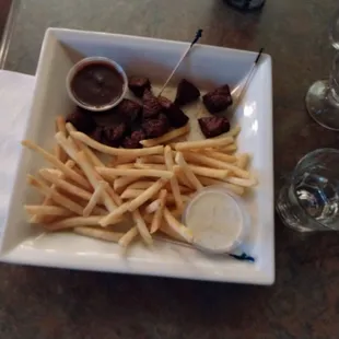 Steak bites,steak sauce. Fries and ranch.