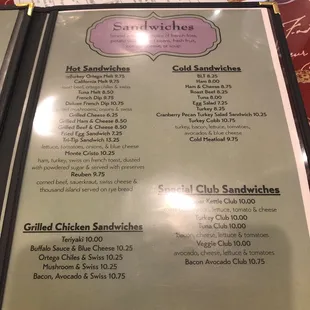 Sandwich menu