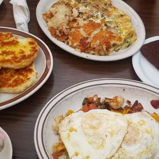 Biscuits (never had them fried but always will from now on!), omelette, smash plate  with eggs and livermush. All excellent.