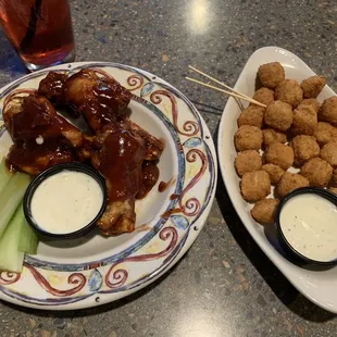 Bbq wings and hot pepper cheese balls