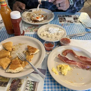 Chicken Fried Steak, pancakes, bacon, eggs, Biscuit &amp; Gravy Plate