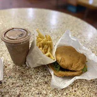 Cheeseburger with fries and custard