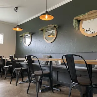 tables and chairs in a coffee shop