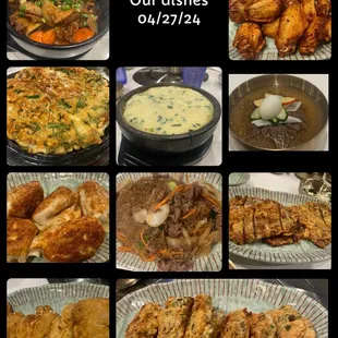 Galbi Jjim, chicken wings, seafood pancake w/ no shrimps,&apos;steamed eggs, cold noodles, mandoo, chop chae, meat Jun, fish &amp; oyster jun.