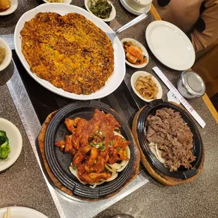 Kimchi pancake, bulgogi, Dak Gui.