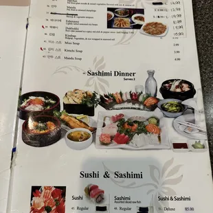 menu, sushi and sashimi
